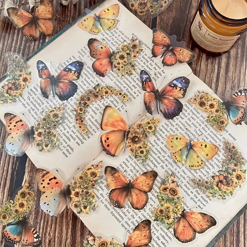 Butterfly & Moon Floral PET Stickers – Dreamy Scrapbooking & Journal Decoration Set (30 pcs)