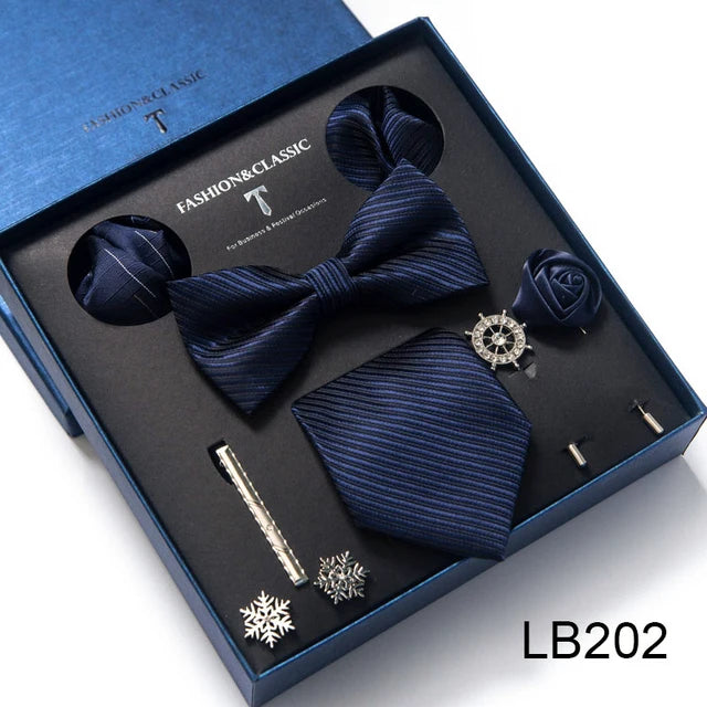 8-in-1 Luxury Silk Tie Gift Set – Necktie, Bow Tie, Pocket Squares, Cufflinks, Tie Clip & Brooches in Elegant Box