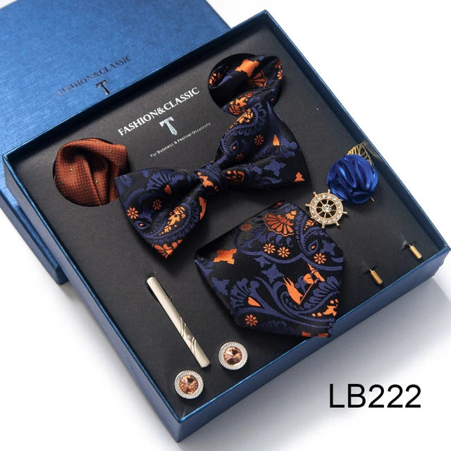 8-in-1 Luxury Silk Tie Gift Set – Necktie, Bow Tie, Pocket Squares, Cufflinks, Tie Clip & Brooches in Elegant Box