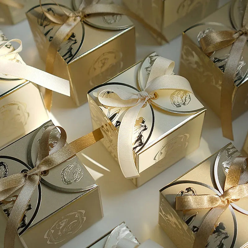 Luxury French Style Wedding Candy Boxes – Golden Paper Gift Favor Box with Ribbon (10–100pcs Lot)