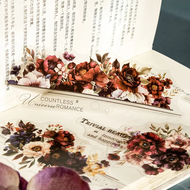 Twilight Flower PET Stickers – Elegant Floral Collage Set for Scrapbook & Journaling