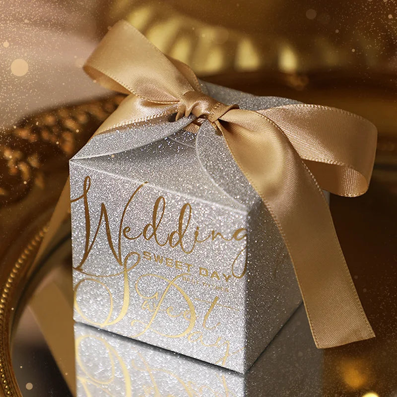 Luxury Glitter Wedding Candy Boxes with Pearl Ribbon Bow – High-End Gift & Chocolate Favor Box (20, 50pcs)