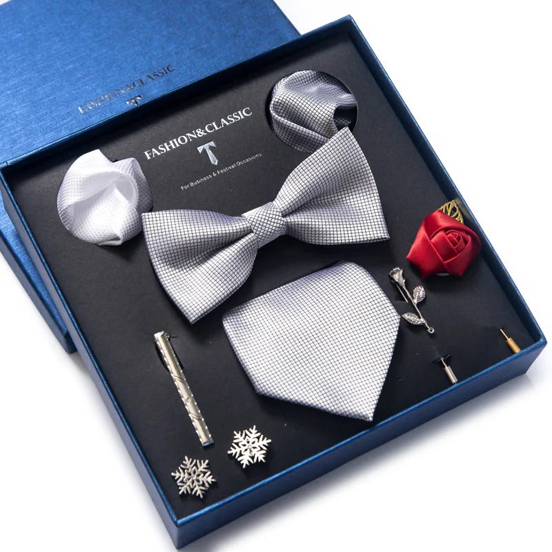 8-in-1 Luxury Silk Tie Gift Set – Necktie, Bow Tie, Pocket Squares, Cufflinks, Tie Clip & Brooches in Elegant Box