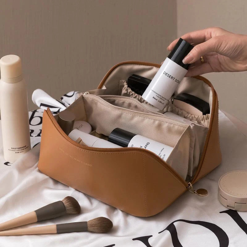 PU Leather Large-Capacity Travel Cosmetic Bag – Waterproof Makeup & Toiletry Organizer