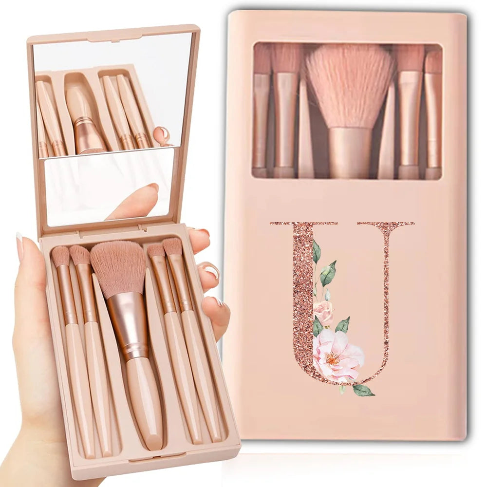 5-Piece Makeup Brush Set – Portable Cosmetic Kit with Mirror & Foldable Storage Case