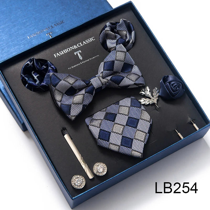 8-in-1 Luxury Silk Tie Gift Set – Necktie, Bow Tie, Pocket Squares, Cufflinks, Tie Clip & Brooches in Elegant Box