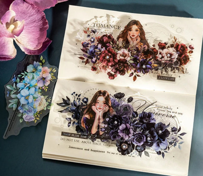 Twilight Flower PET Stickers – Elegant Floral Collage Set for Scrapbook & Journaling