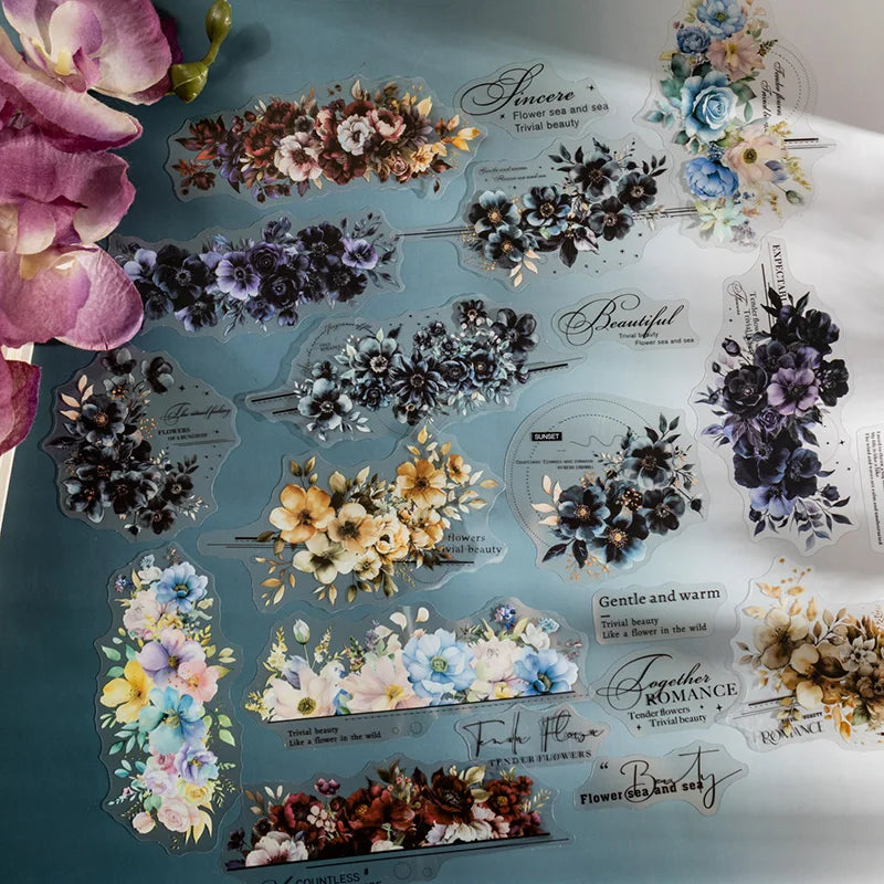 Twilight Flower PET Stickers – Elegant Floral Collage Set for Scrapbook & Journaling