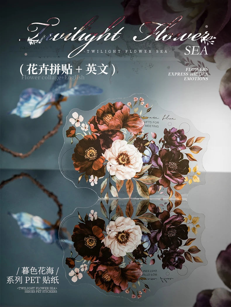 Twilight Flower PET Stickers – Elegant Floral Collage Set for Scrapbook & Journaling