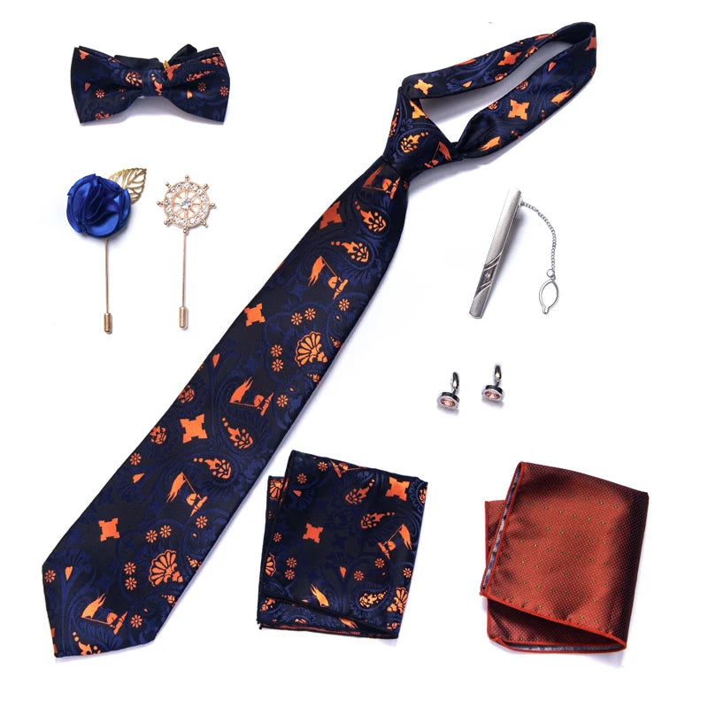 8-in-1 Luxury Silk Tie Gift Set – Necktie, Bow Tie, Pocket Squares, Cufflinks, Tie Clip & Brooches in Elegant Box
