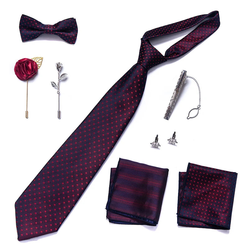 8-in-1 Luxury Silk Tie Gift Set – Necktie, Bow Tie, Pocket Squares, Cufflinks, Tie Clip & Brooches in Elegant Box