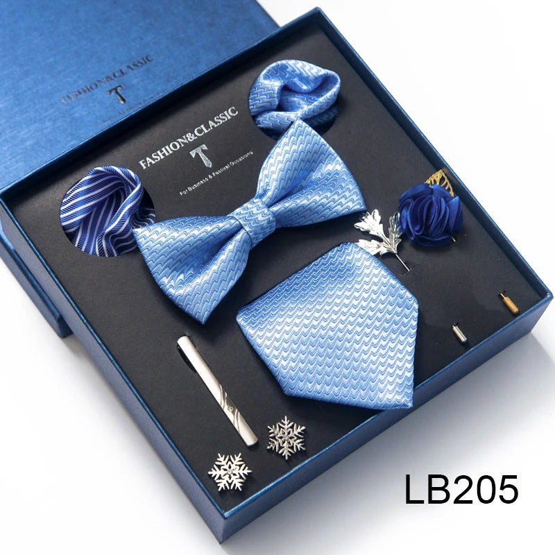 8-in-1 Luxury Silk Tie Gift Set – Necktie, Bow Tie, Pocket Squares, Cufflinks, Tie Clip & Brooches in Elegant Box