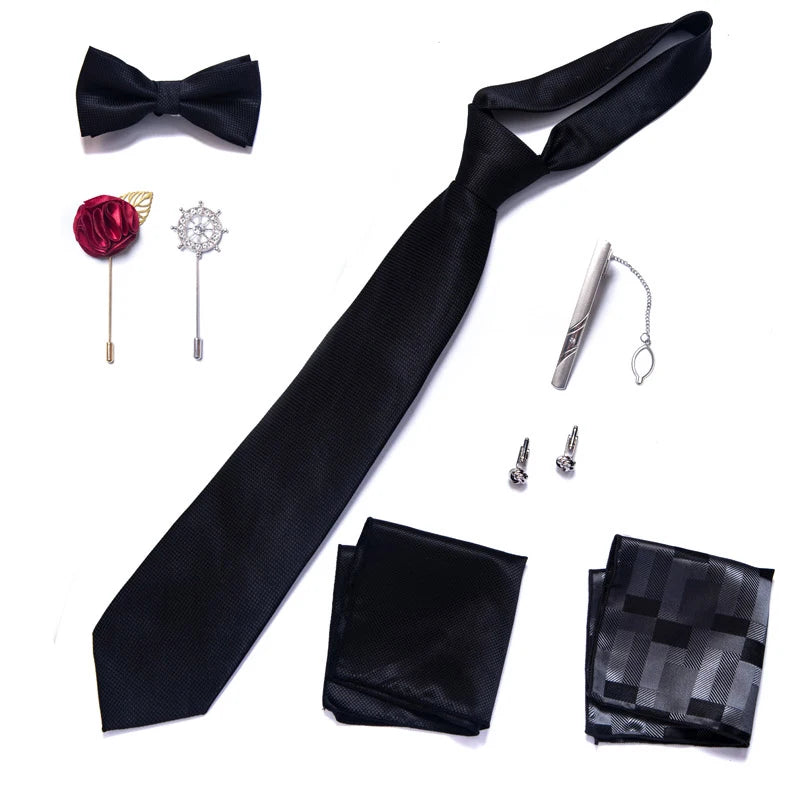 8-in-1 Luxury Silk Tie Gift Set – Necktie, Bow Tie, Pocket Squares, Cufflinks, Tie Clip & Brooches in Elegant Box