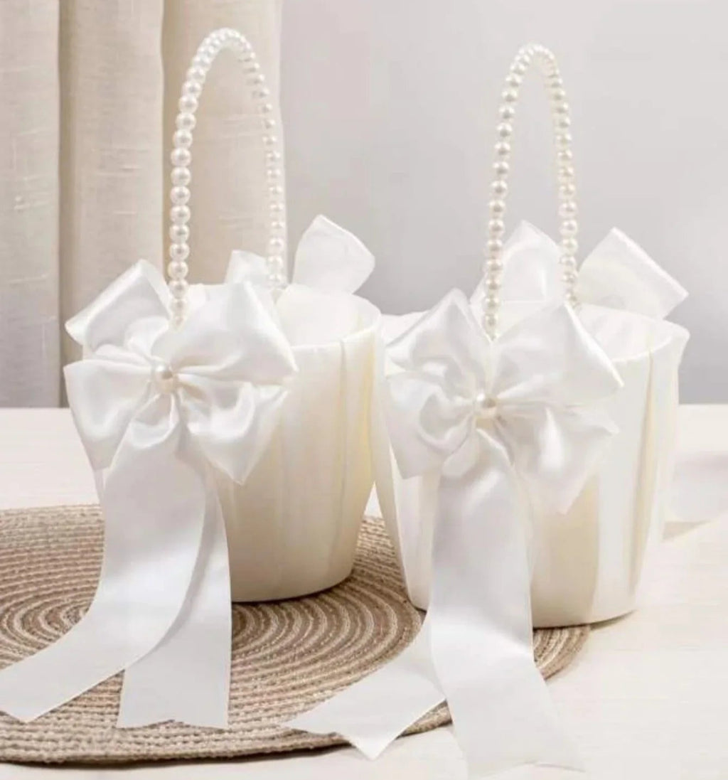 Elegant Bridal Flower Girl Basket – Satin Bow & Pearl Handle Wedding Ceremony Decoration