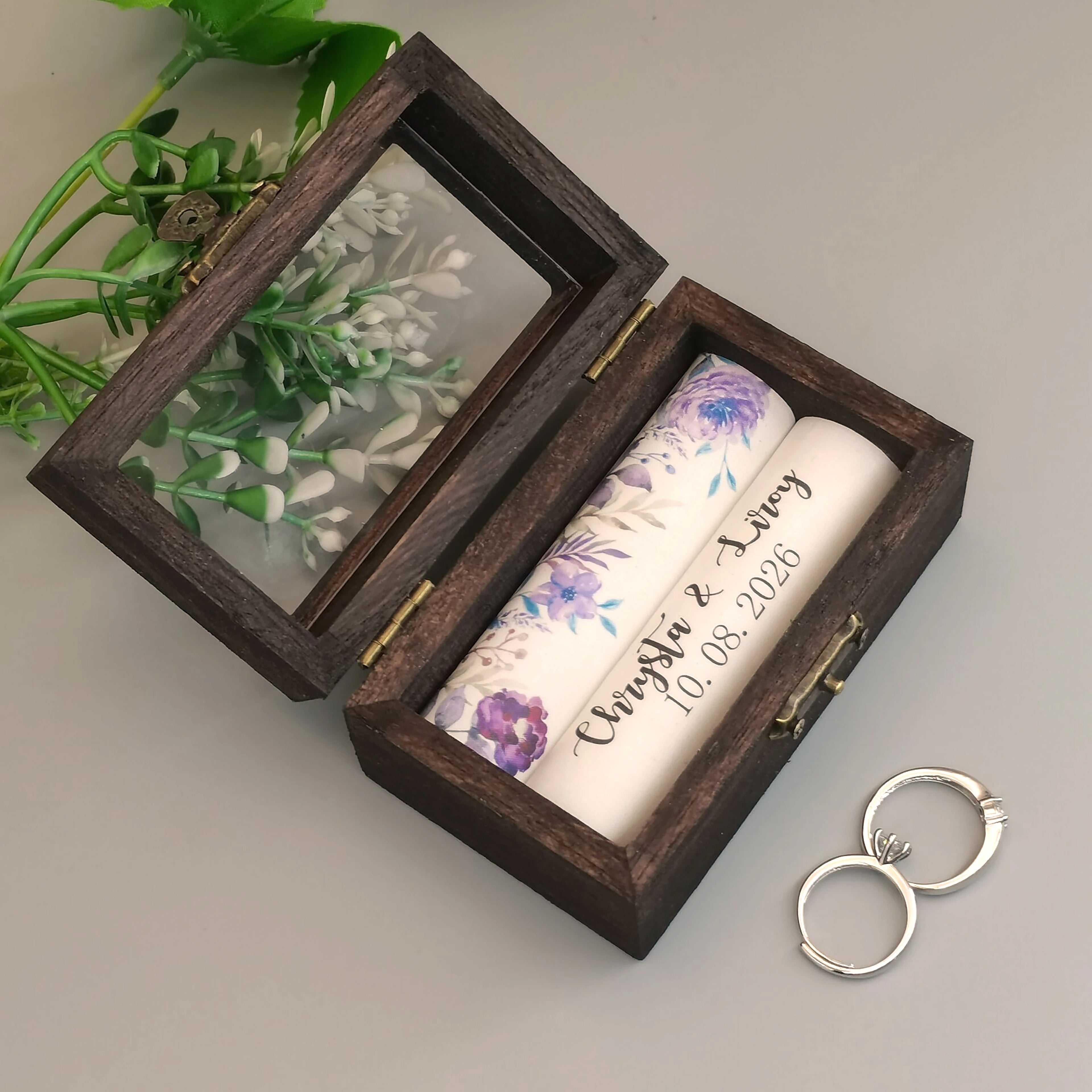Personalized Rustic Wooden Ring Box – Custom Names & Date