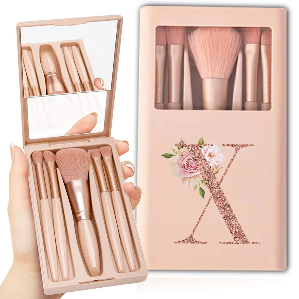 5-Piece Makeup Brush Set – Portable Cosmetic Kit with Mirror & Foldable Storage Case
