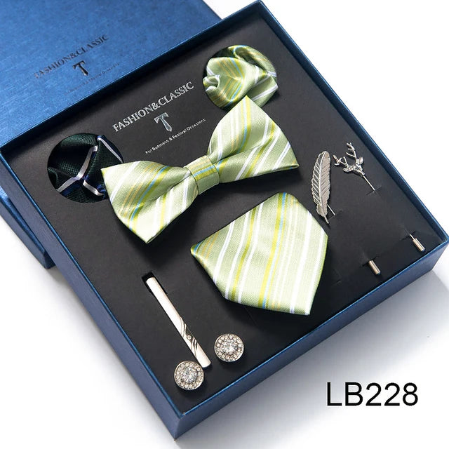 8-in-1 Luxury Silk Tie Gift Set – Necktie, Bow Tie, Pocket Squares, Cufflinks, Tie Clip & Brooches in Elegant Box