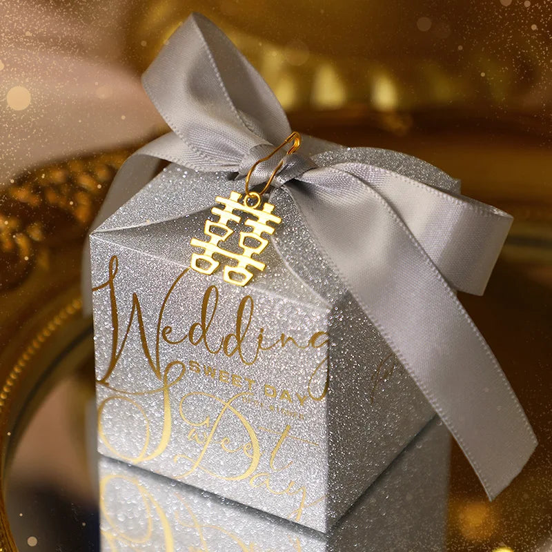 Luxury Glitter Wedding Candy Boxes with Pearl Ribbon Bow – High-End Gift & Chocolate Favor Box (20, 50pcs)