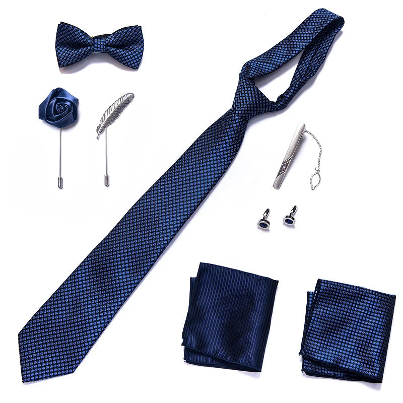 8-in-1 Luxury Silk Tie Gift Set – Necktie, Bow Tie, Pocket Squares, Cufflinks, Tie Clip & Brooches in Elegant Box