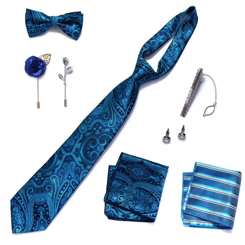 8-in-1 Luxury Silk Tie Gift Set – Necktie, Bow Tie, Pocket Squares, Cufflinks, Tie Clip & Brooches in Elegant Box
