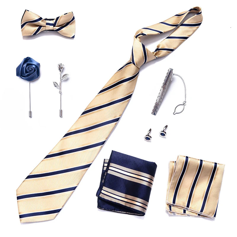 8-in-1 Luxury Silk Tie Gift Set – Necktie, Bow Tie, Pocket Squares, Cufflinks, Tie Clip & Brooches in Elegant Box