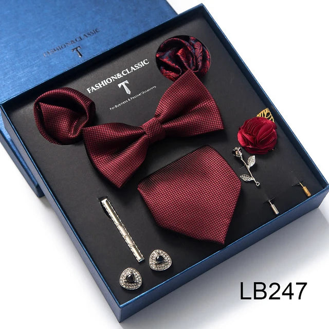 8-in-1 Luxury Silk Tie Gift Set – Necktie, Bow Tie, Pocket Squares, Cufflinks, Tie Clip & Brooches in Elegant Box