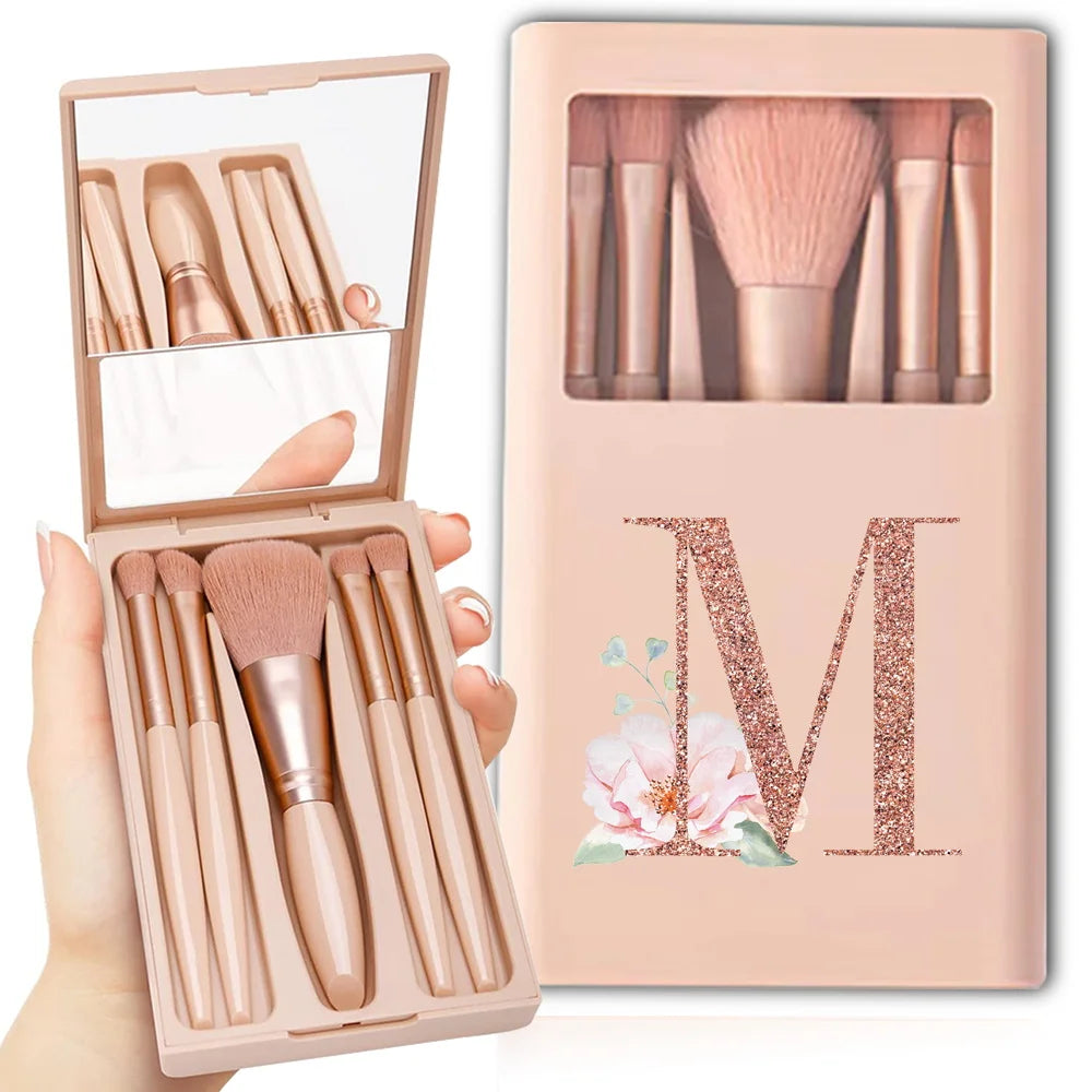 5-Piece Makeup Brush Set – Portable Cosmetic Kit with Mirror & Foldable Storage Case