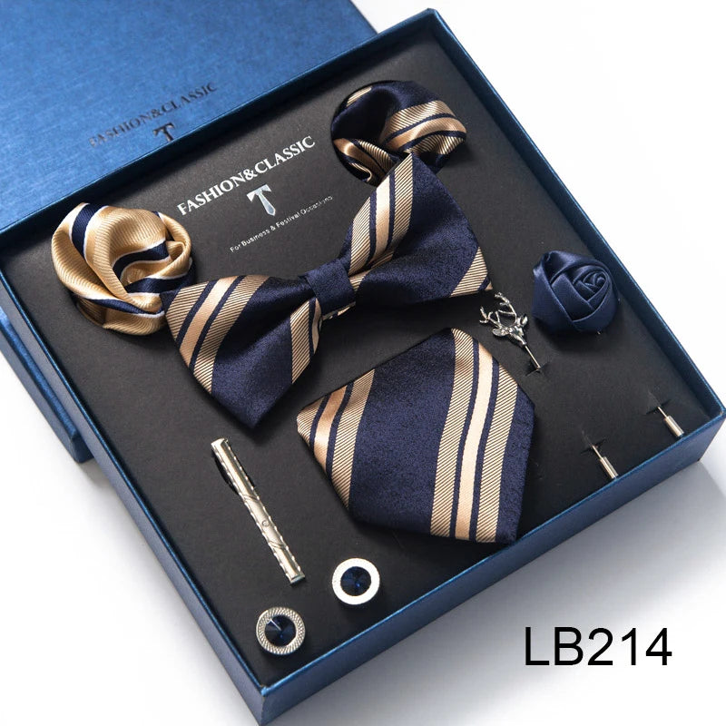 8-in-1 Luxury Silk Tie Gift Set – Necktie, Bow Tie, Pocket Squares, Cufflinks, Tie Clip & Brooches in Elegant Box