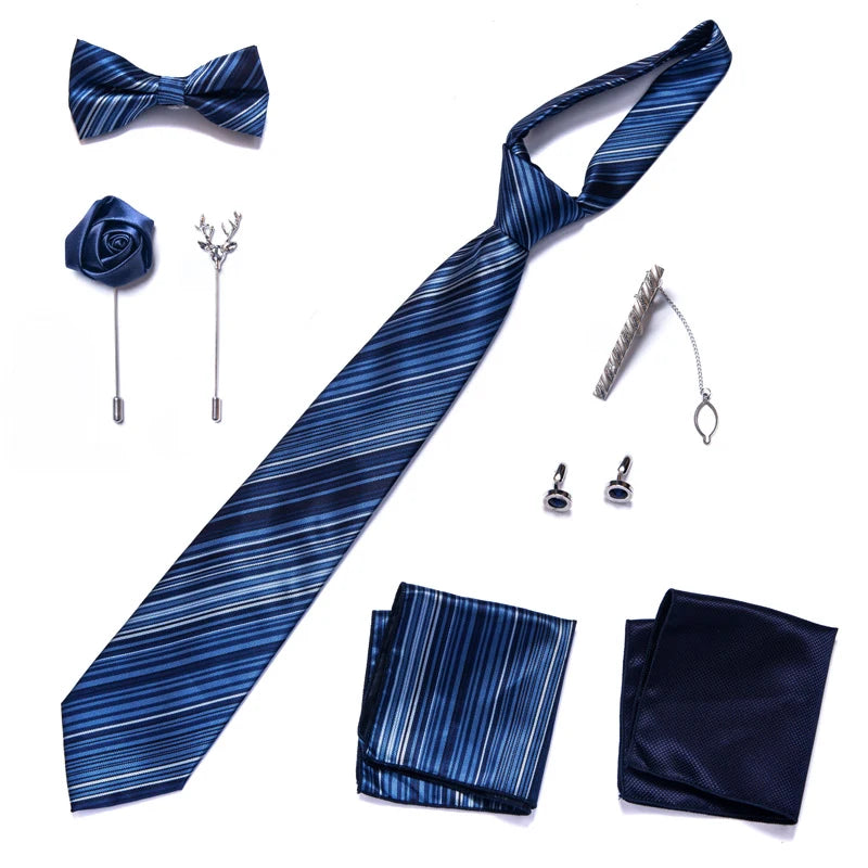 8-in-1 Luxury Silk Tie Gift Set – Necktie, Bow Tie, Pocket Squares, Cufflinks, Tie Clip & Brooches in Elegant Box