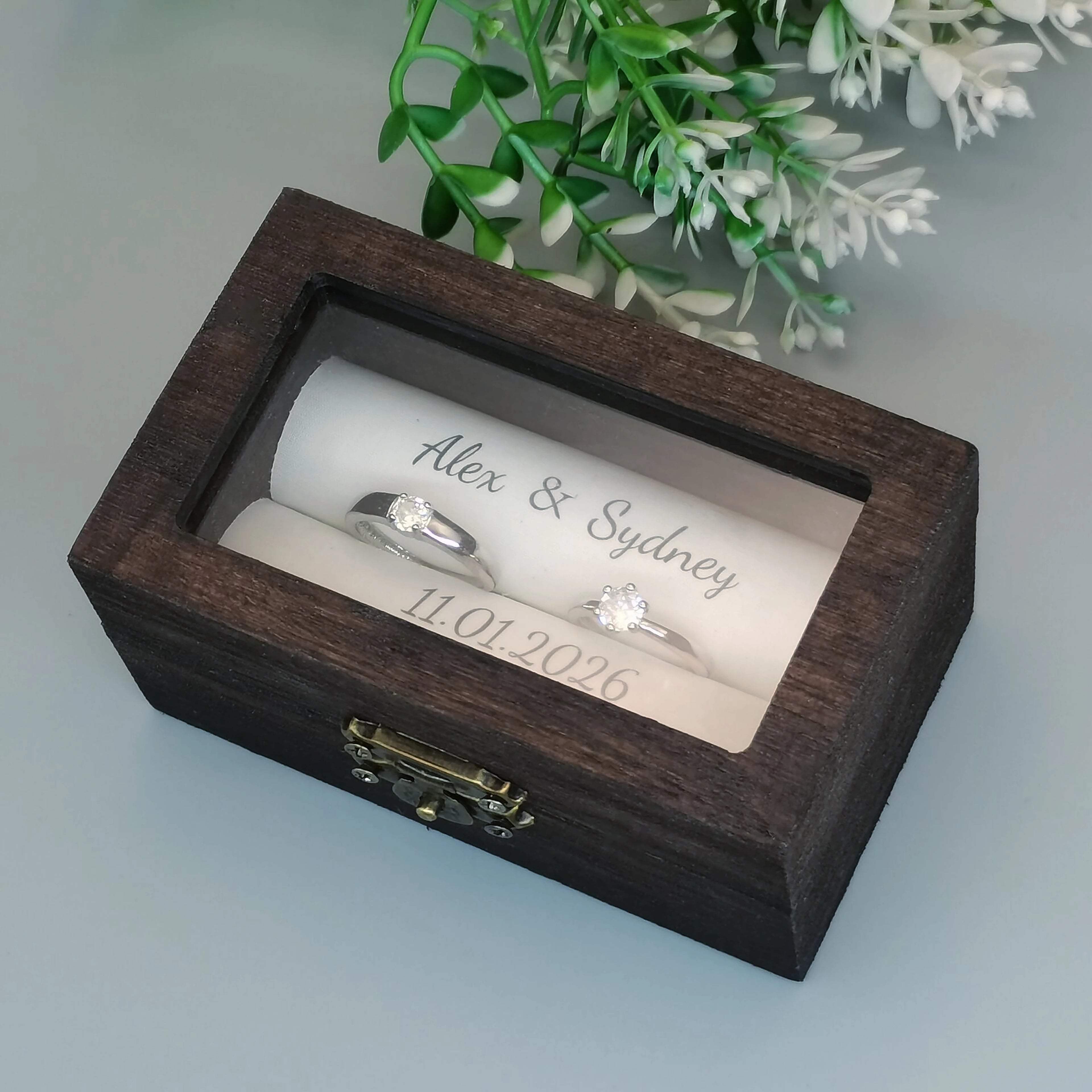 Personalized Rustic Wooden Ring Box – Custom Names & Date