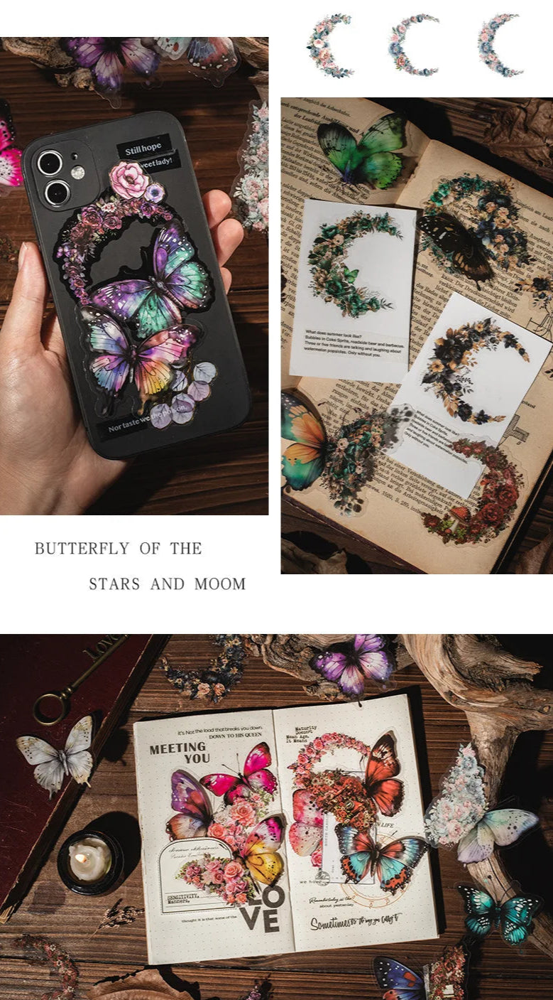 Butterfly & Moon Floral PET Stickers – Dreamy Scrapbooking & Journal Decoration Set (30 pcs)