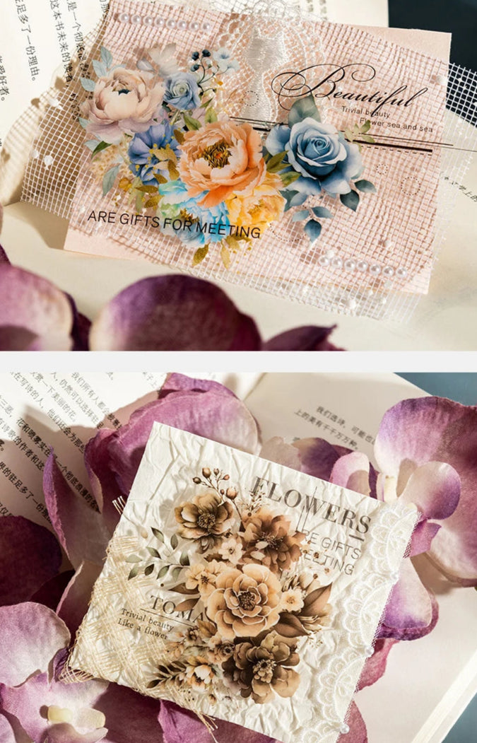 Twilight Flower PET Stickers – Elegant Floral Collage Set for Scrapbook & Journaling