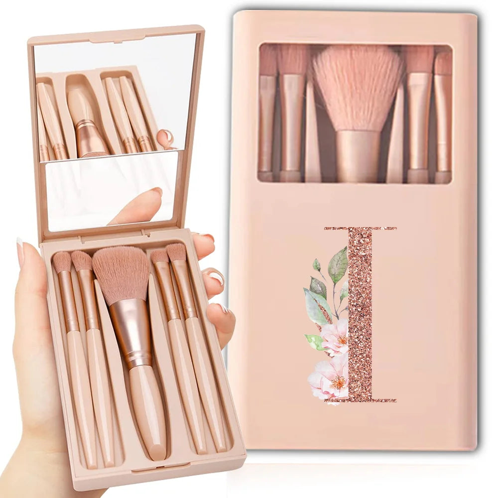 5-Piece Makeup Brush Set – Portable Cosmetic Kit with Mirror & Foldable Storage Case
