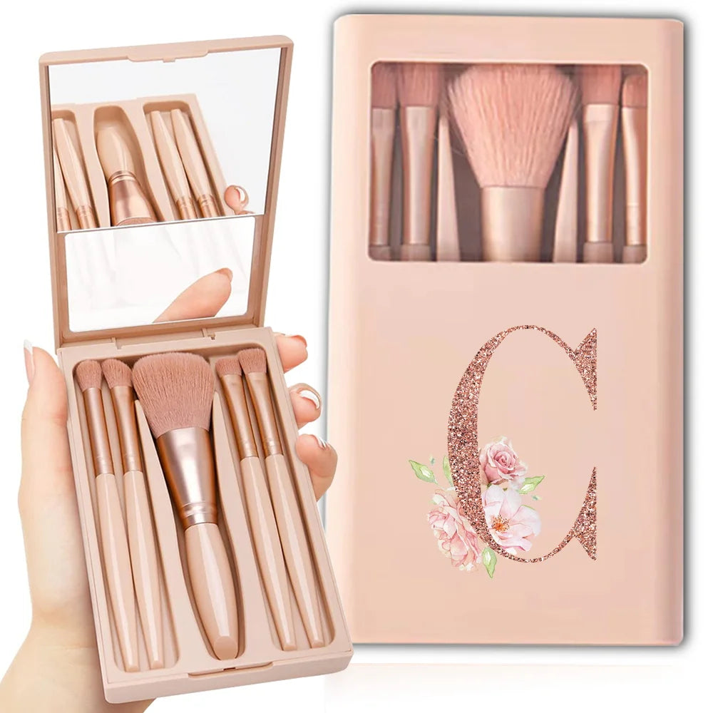 5-Piece Makeup Brush Set – Portable Cosmetic Kit with Mirror & Foldable Storage Case