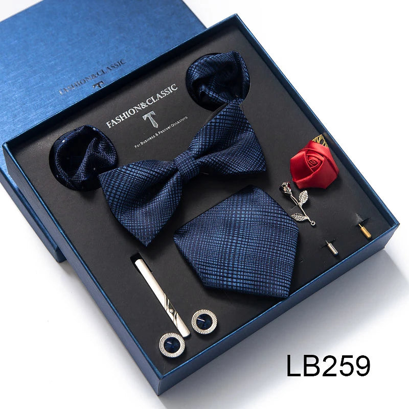8-in-1 Luxury Silk Tie Gift Set – Necktie, Bow Tie, Pocket Squares, Cufflinks, Tie Clip & Brooches in Elegant Box