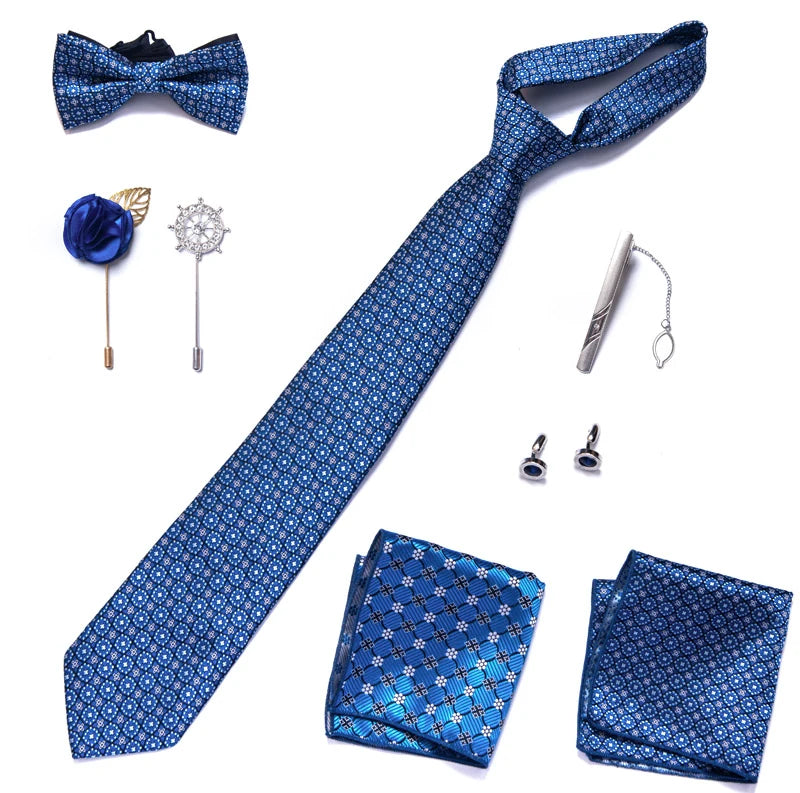 8-in-1 Luxury Silk Tie Gift Set – Necktie, Bow Tie, Pocket Squares, Cufflinks, Tie Clip & Brooches in Elegant Box