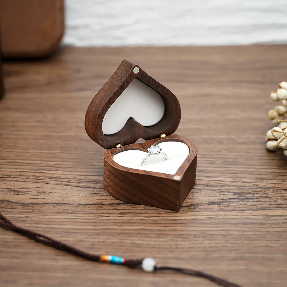 Engraved Heart-Shaped Wooden Ring Box – Personalized Wedding & Proposal