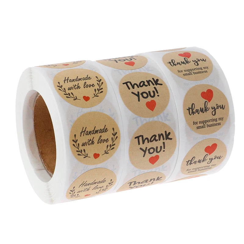 Vintage Kraft “Thank You” Stickers – 500pcs Roll for Small Business Packaging & Gifts