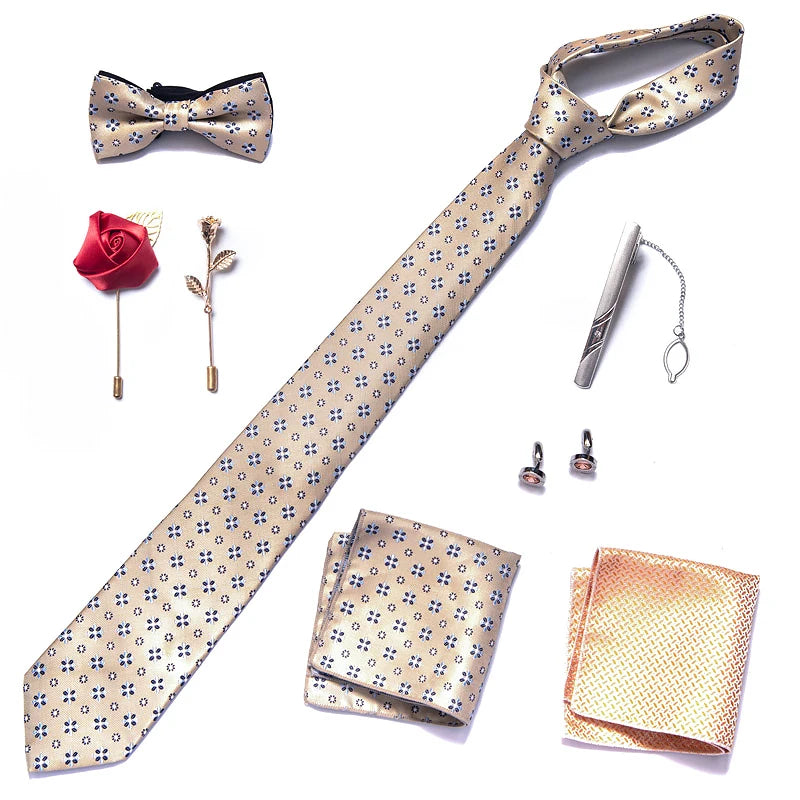 8-in-1 Luxury Silk Tie Gift Set – Necktie, Bow Tie, Pocket Squares, Cufflinks, Tie Clip & Brooches in Elegant Box