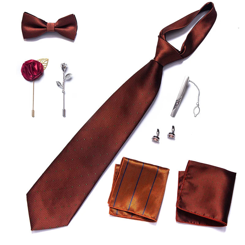 8-in-1 Luxury Silk Tie Gift Set – Necktie, Bow Tie, Pocket Squares, Cufflinks, Tie Clip & Brooches in Elegant Box