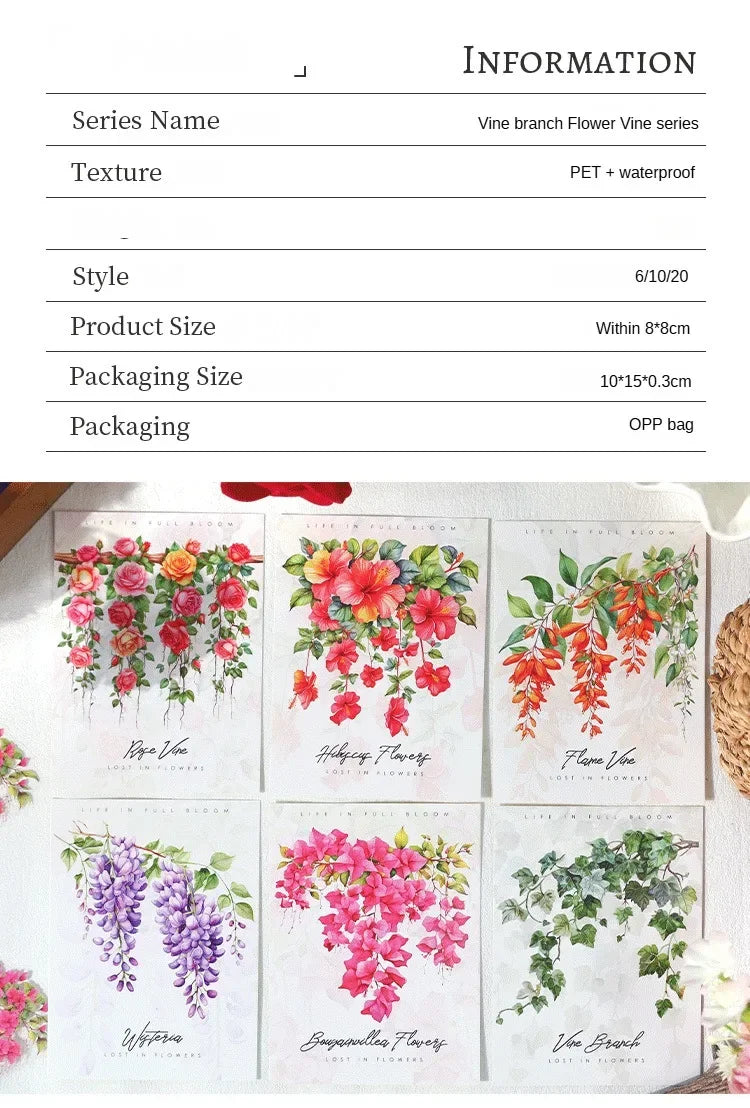 Vine Flowers Decorative Sticker Pack – Rose & Wisteria Series (20 Sheets)