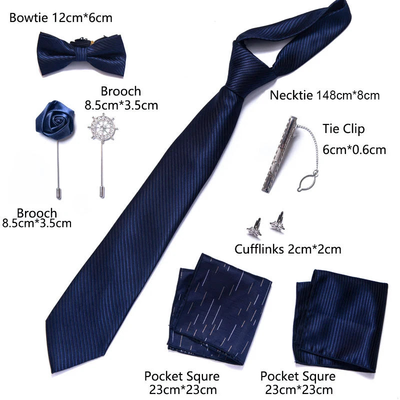 8-in-1 Luxury Silk Tie Gift Set – Necktie, Bow Tie, Pocket Squares, Cufflinks, Tie Clip & Brooches in Elegant Box