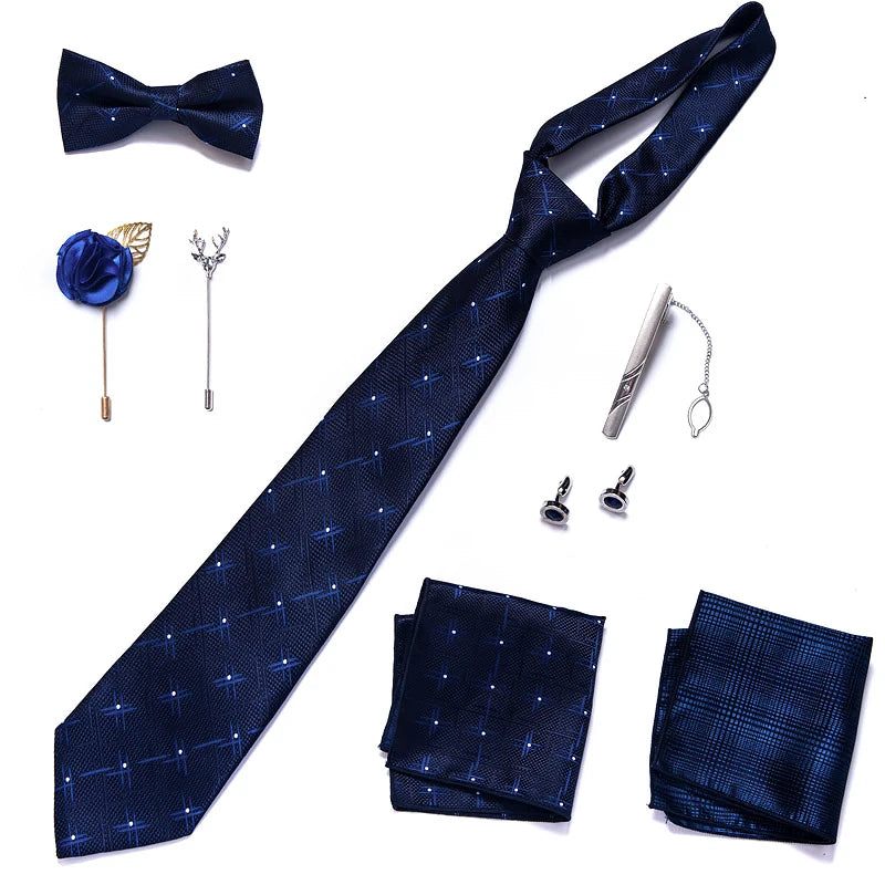 8-in-1 Luxury Silk Tie Gift Set – Necktie, Bow Tie, Pocket Squares, Cufflinks, Tie Clip & Brooches in Elegant Box