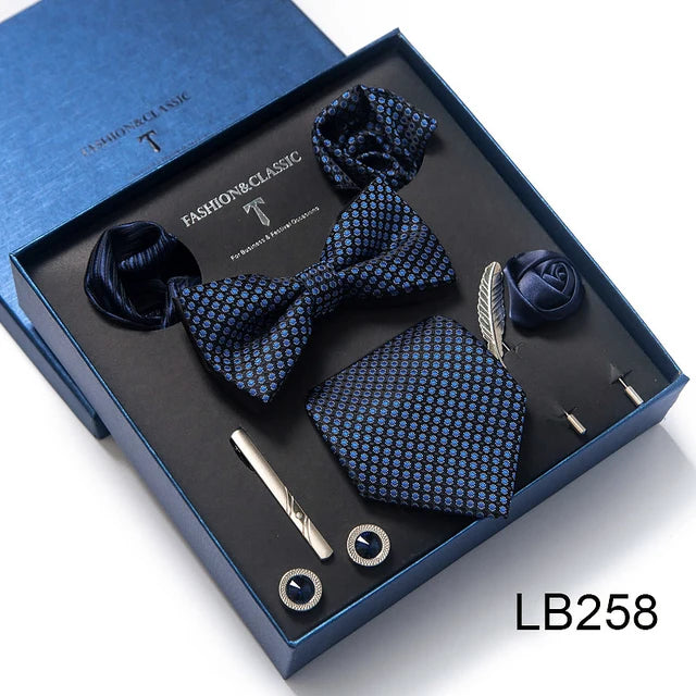 8-in-1 Luxury Silk Tie Gift Set – Necktie, Bow Tie, Pocket Squares, Cufflinks, Tie Clip & Brooches in Elegant Box
