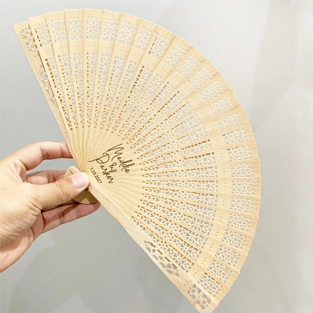 Personalized Wooden Folding Hand Fans – Custom Wedding Guest Gifts with Fan Bag (10/50pcs)