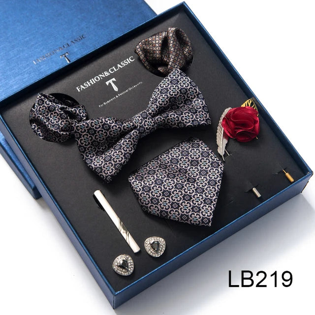 8-in-1 Luxury Silk Tie Gift Set – Necktie, Bow Tie, Pocket Squares, Cufflinks, Tie Clip & Brooches in Elegant Box