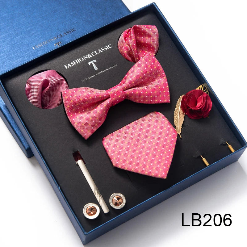 8-in-1 Luxury Silk Tie Gift Set – Necktie, Bow Tie, Pocket Squares, Cufflinks, Tie Clip & Brooches in Elegant Box