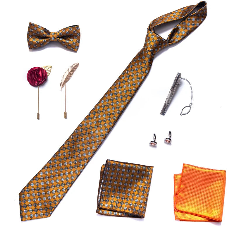 8-in-1 Luxury Silk Tie Gift Set – Necktie, Bow Tie, Pocket Squares, Cufflinks, Tie Clip & Brooches in Elegant Box