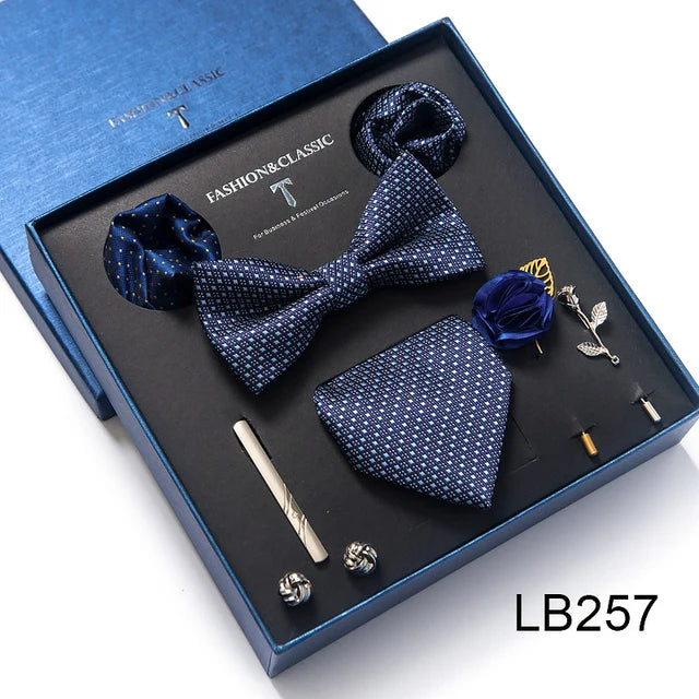 8-in-1 Luxury Silk Tie Gift Set – Necktie, Bow Tie, Pocket Squares, Cufflinks, Tie Clip & Brooches in Elegant Box