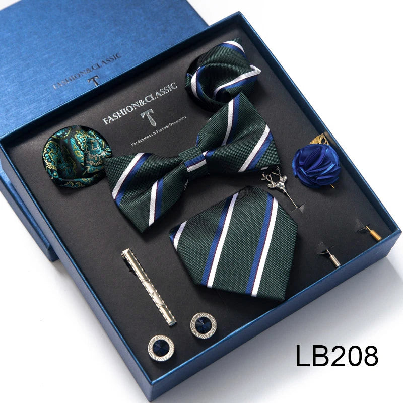 8-in-1 Luxury Silk Tie Gift Set – Necktie, Bow Tie, Pocket Squares, Cufflinks, Tie Clip & Brooches in Elegant Box